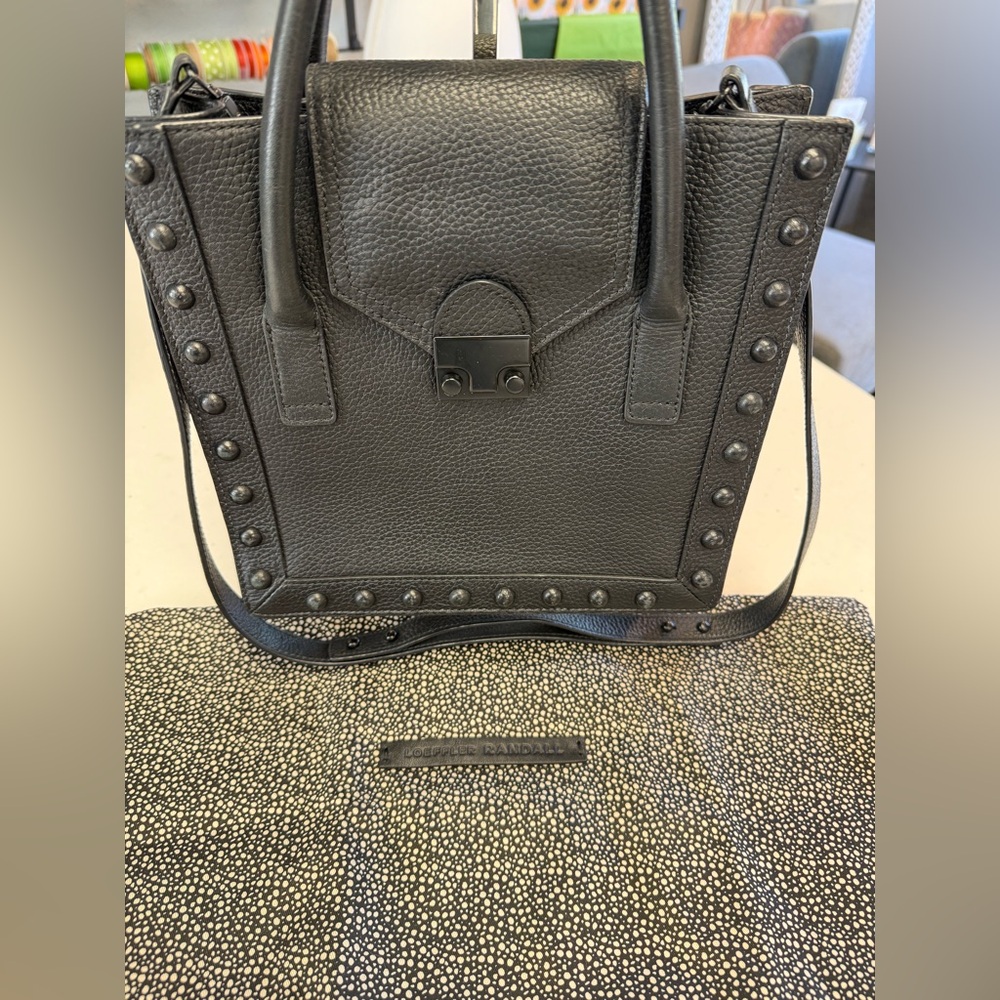 LOEFFLER RANDALL Studded Black Leather Small Tote Bag Handbag Shoulder Strap - Picture 2 of 10